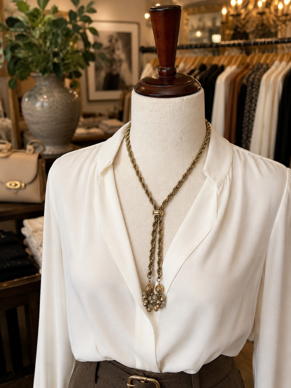 Vintage Glamour Style Gold Tone Rope Chain Lariat Necklace Bead Tassel Statement
